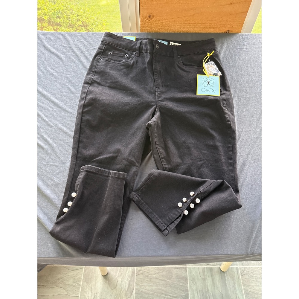 CeCe Essentials Womens Pearl Embellished Classic Skinny Jeans Mod Black 14W NEW